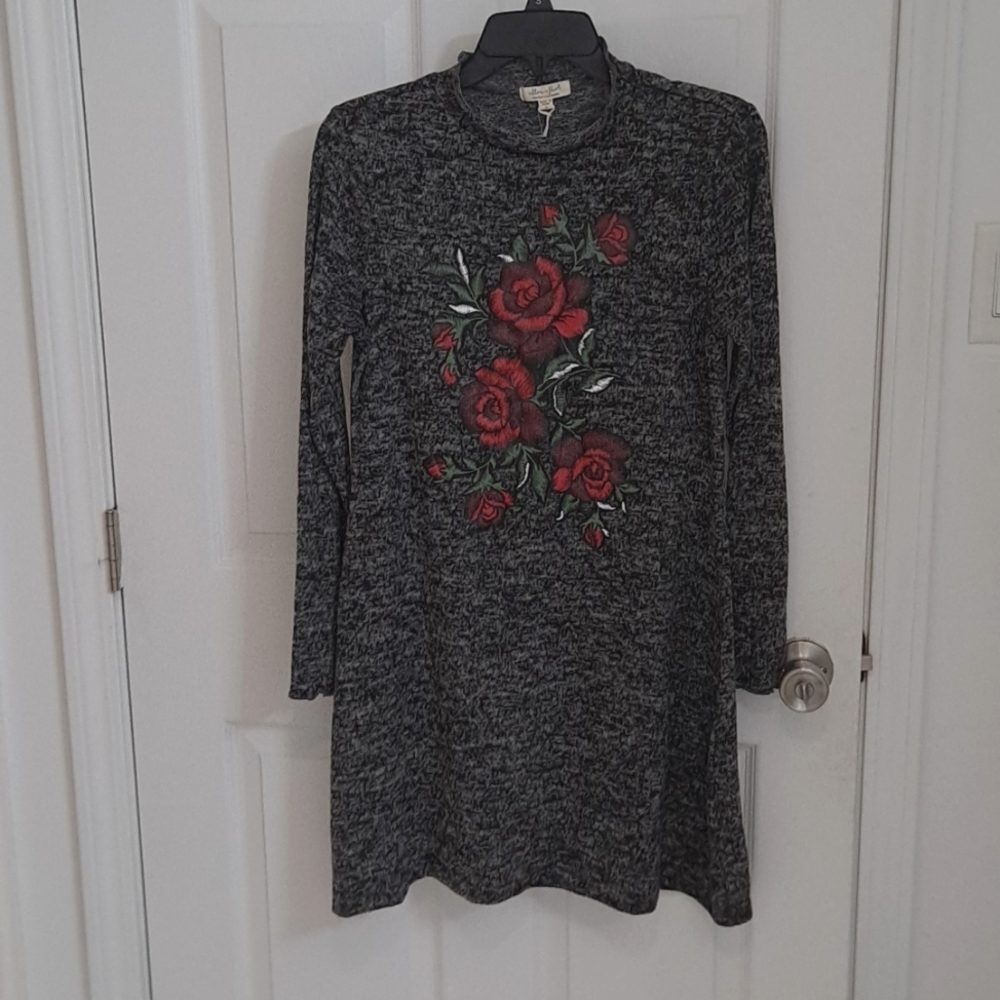 NWT Ultra Flirt Macy's Space Dye Longsleeve Sweater Dress With Rose Graphic